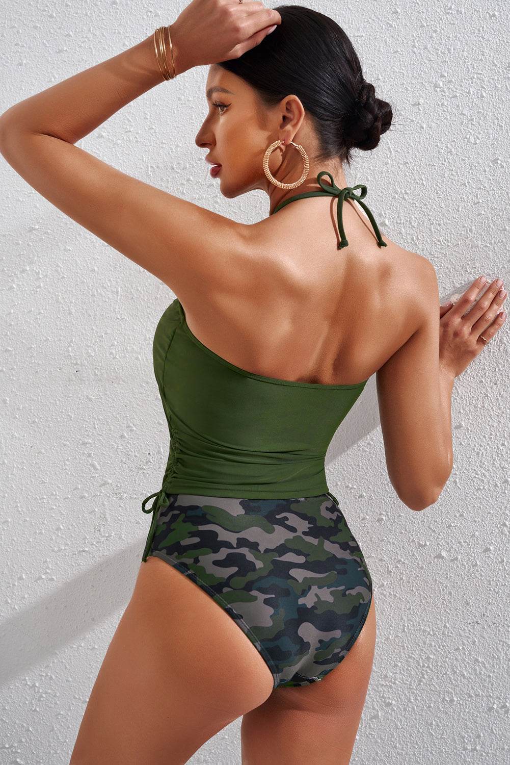 Drawstring Ruched Halter Neck Swim Top and Camouflage Bottoms Set - Hovatok