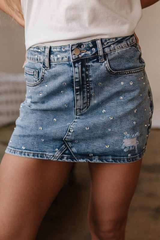 Rhinestone Distressed Denim Mini Skirt - Hovatok