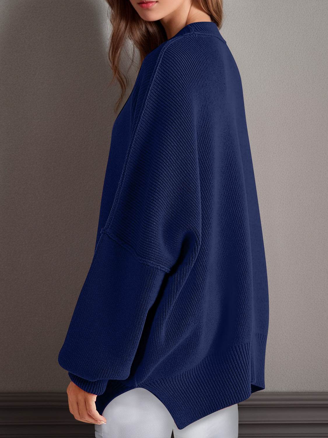 Double Take Side Slit Round Neck Long Sleeve Sweater - Hovatok
