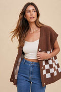 Annie Wear Checkered Button Down Short Sleeve Cardigan - Hovatok