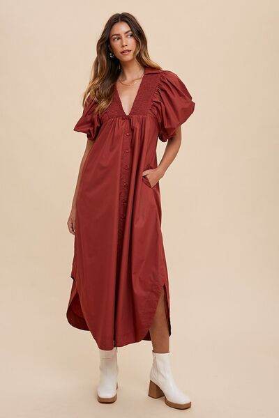 Annie Wear Smocked Puff Sleeve Midi Dress - Hovatok