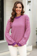 Angel Wings Striped Round Neck Dropped Shoulder Sweater - Hovatok