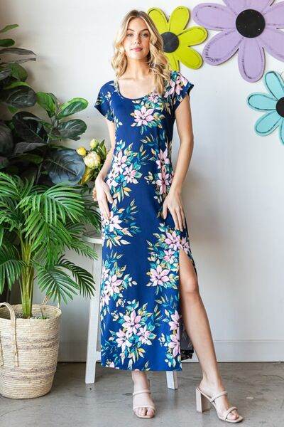 Heimish Full Size Floral Short Sleeve Slit Dress - Hovatok
