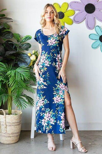 Heimish Full Size Floral Short Sleeve Slit Dress - Hovatok