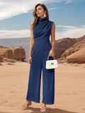 Perfee Ruched Mock Neck Sleeveless Jumpsuit - Hovatok