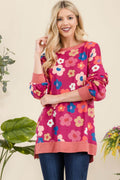 Celeste Full Size Side Slit Flower Print Long Sleeve Top - Hovatok