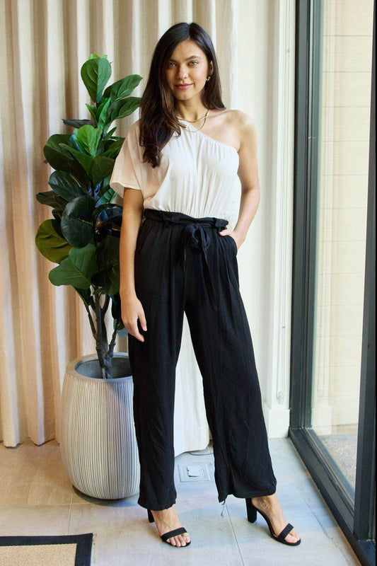 Dress Day Marvelous in Manhattan One-Shoulder Jumpsuit in White/Black - Hovatok