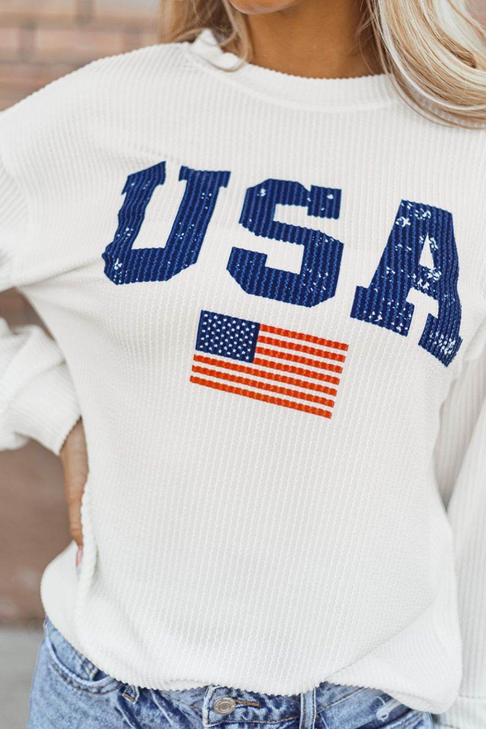 US Flag Corded Long Sleeve Sweatshirt - Hovatok