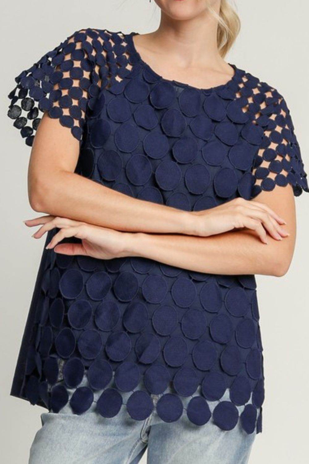 Umgee Full Size Mixed Polka Dot Lace Raglan Sleeve Boxy Cut Top Plus Size - Hovatok