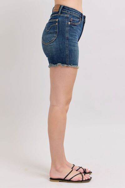 Judy Blue Tummy Control Fray Hem & Shield Back Pockets Denim Shorts - Hovatok