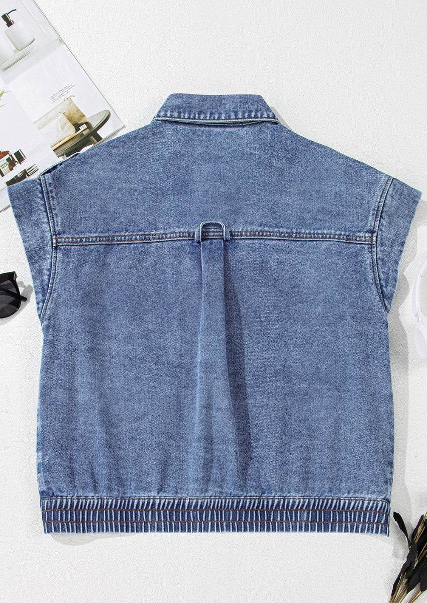 Button Up Cap Sleeve Denim Jacket - Hovatok