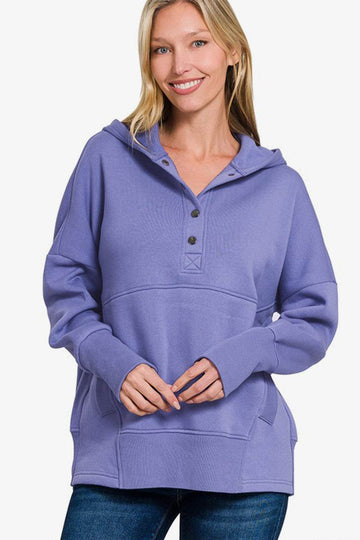 Zenana Half Snap Long Sleeve Hoodie with Kangaroo Pocket - Hovatok