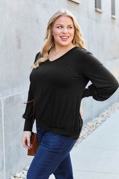 Basic Bae Full Size V-Neck Lantern Sleeve Top - Hovatok