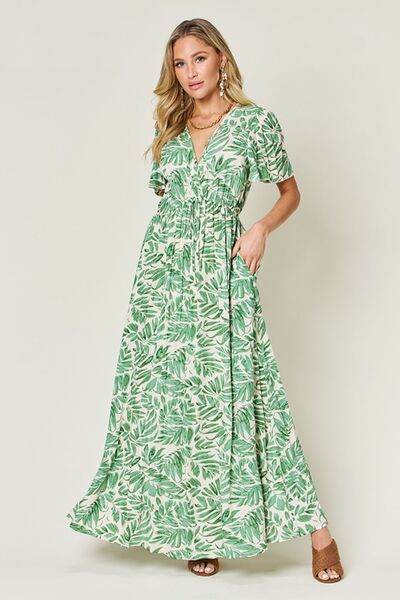 Double Take Full Size Printed Drawstring Short Sleeve Dress - Hovatok