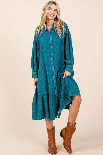Mittoshop Mineral Wash Cotton Gauze Ruffle Midi Shirt Dress - Hovatok