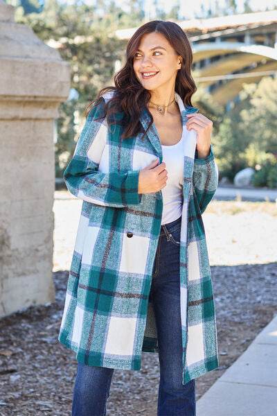 Double Take Full Size Plaid Button Up Lapel Collar Coat - Hovatok
