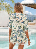 Tassel Printed Open Front Half Sleeve Cover-Up - Hovatok