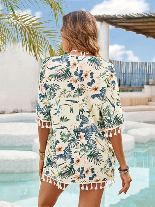 Tassel Printed Open Front Half Sleeve Cover-Up - Hovatok