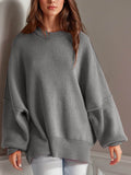 Double Take Side Slit Round Neck Long Sleeve Sweater - Hovatok