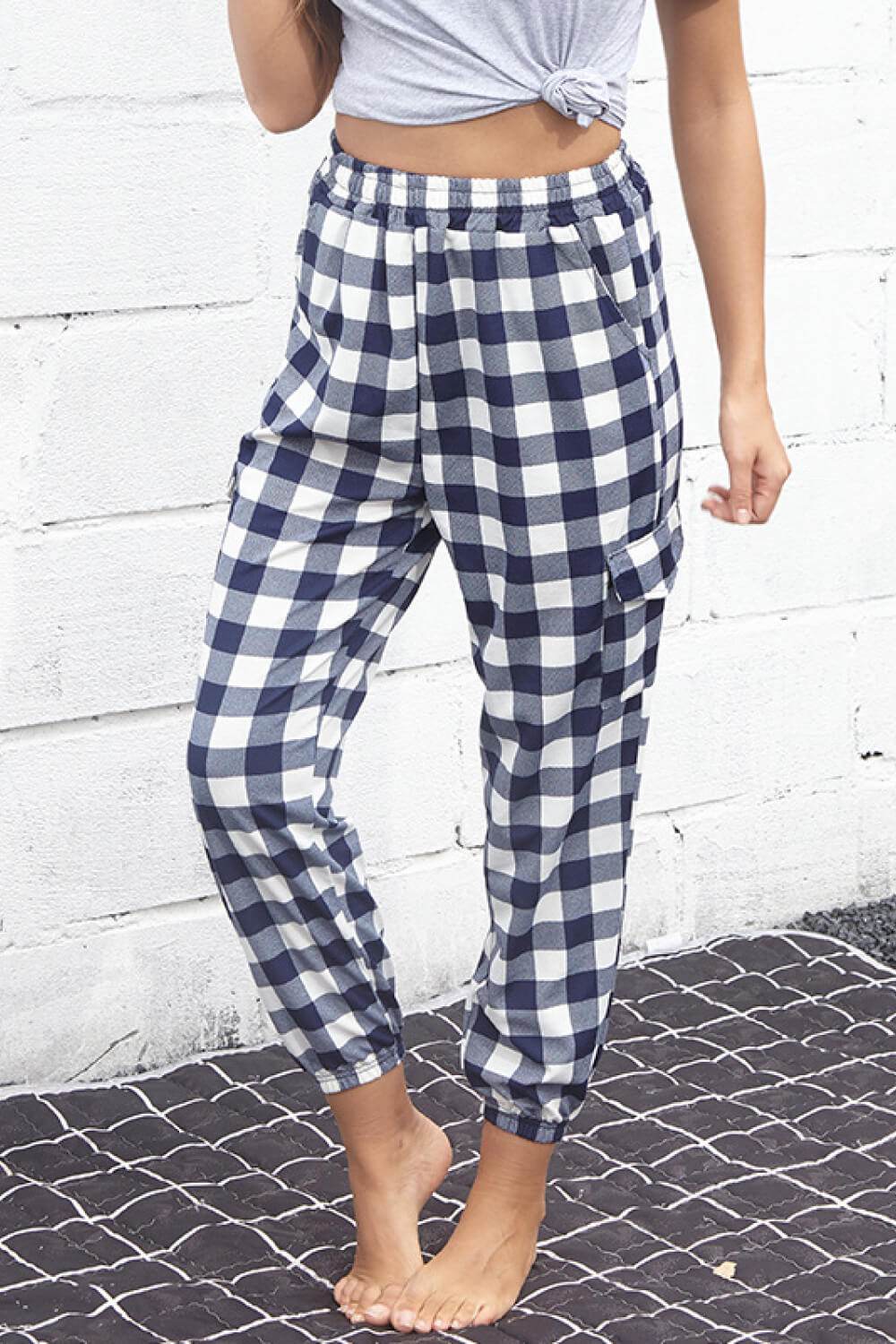 Perfee Plaid Elastic High Waist Cargo Pants - Hovatok