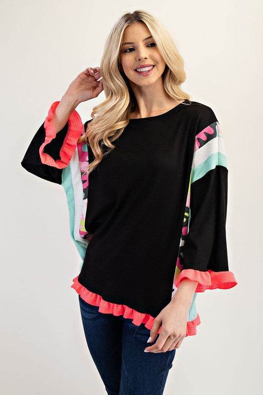 Celeste Full Size Ruffle Sleeve Color Block Top Plus Size - Hovatok