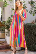 ODDI Full Size Striped Puff Sleeve Wide Leg Jumpsuit - Hovatok