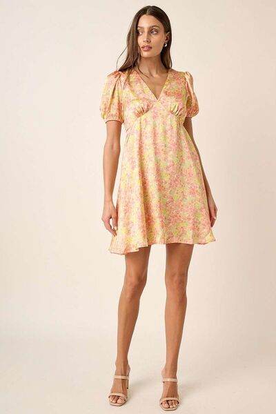 Mittoshop Printed V-Neck Puff Sleeve Mini Dress - Hovatok