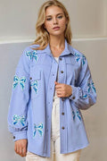 Double Take Full Size Sequin Bow Button Up Shacket - Hovatok