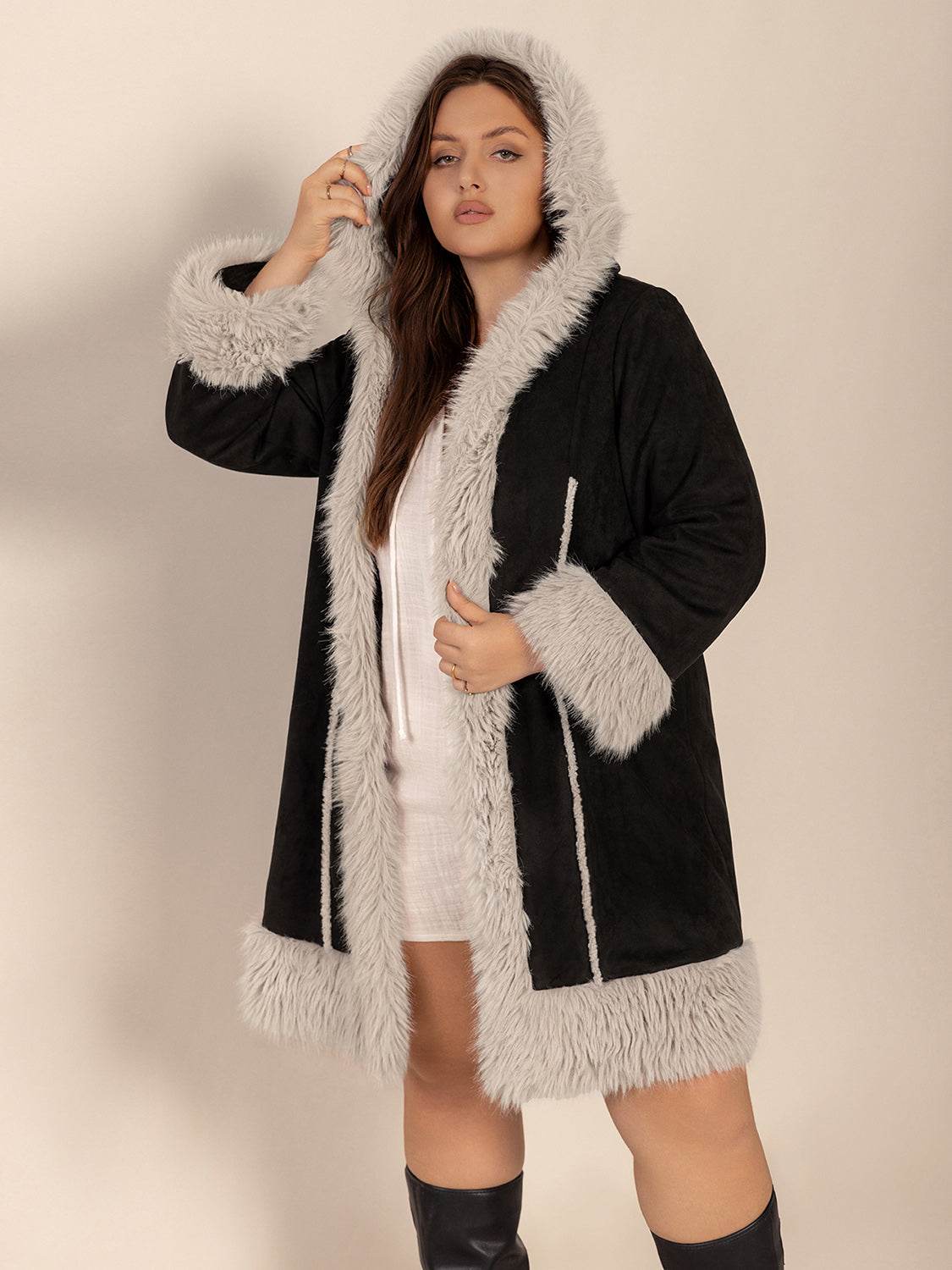 Plus Size Fuzzy Trim Open Front Long Sleeve Hooded Coat - Hovatok