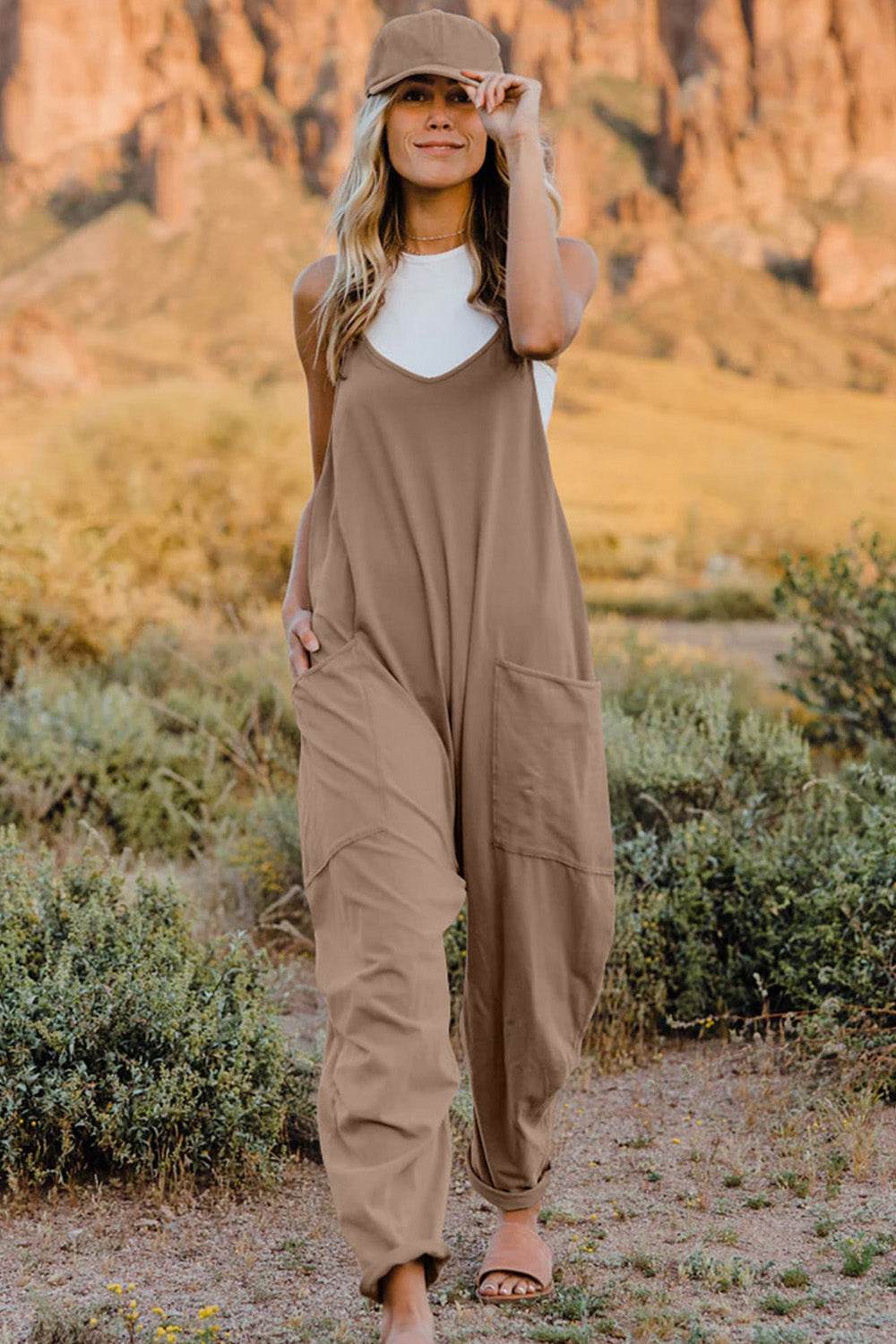 Double Take Full Size V-Neck Sleeveless Jumpsuit with Pockets - Hovatok