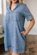 Short Sleeve Collared Patched Pocket Denim Mini Dress - Hovatok