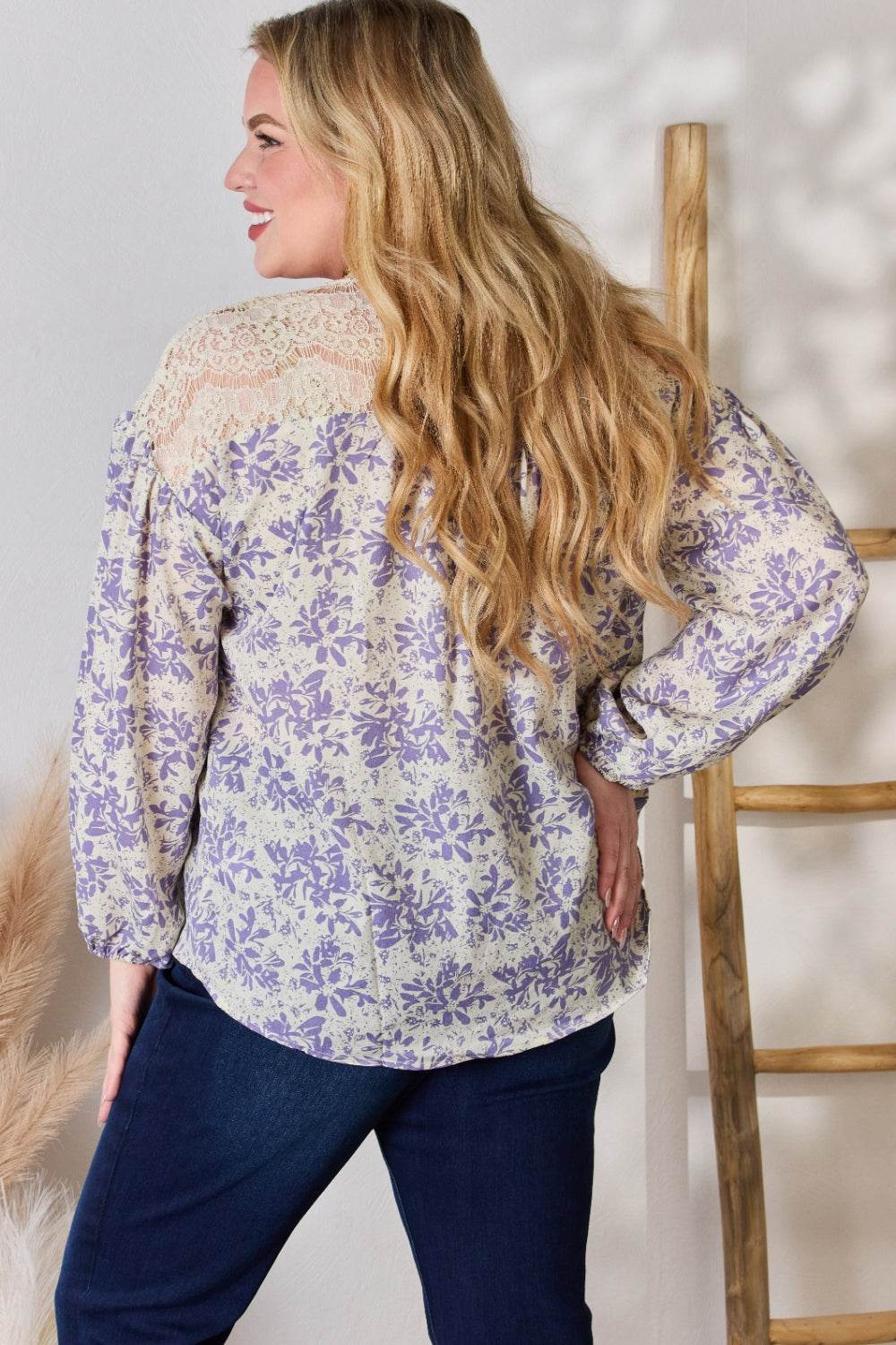 Hailey & Co Full Size Lace Detail Printed Blouse - Hovatok