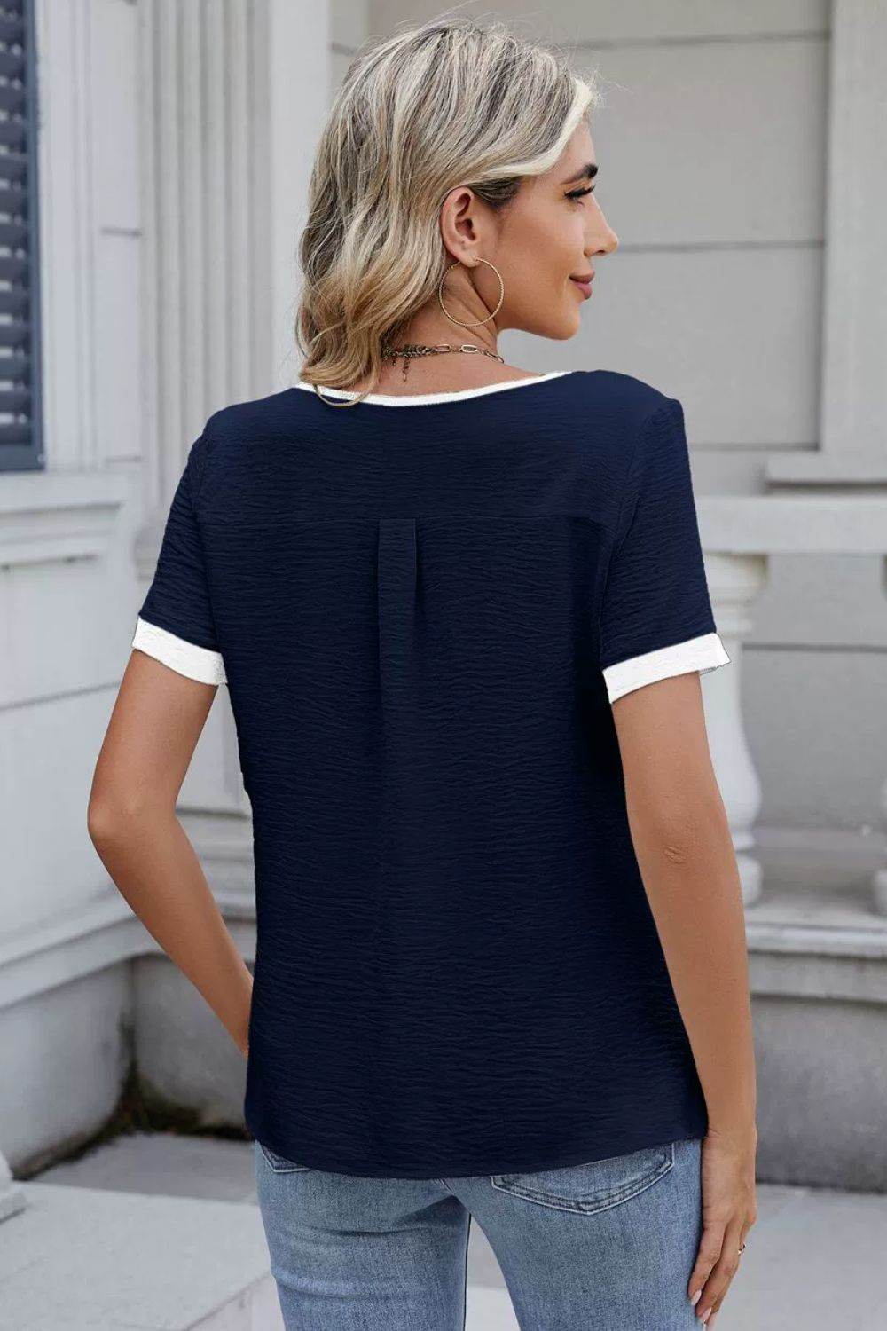 Cutout Round Neck Short Sleeve Blouse - Hovatok