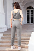 Waffle-Knit Cropped Tank and Drawstring Pants Set - Hovatok