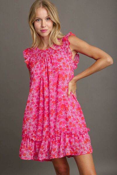 Umgee Full Size Smocked Detail Floral Metallic Ruffle Cap Sleeve Dress Plus Size - Hovatok