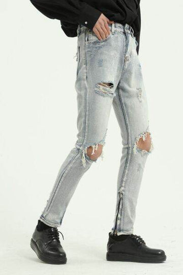 Pocketed Distressed Jeans with Side Zip - Hovatok