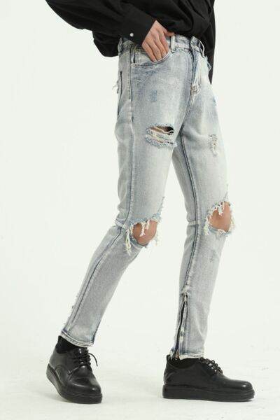 Pocketed Distressed Jeans with Side Zip - Hovatok