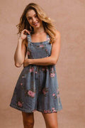 BiBi Flower Printed Wide Strap Denim Overalls - Hovatok