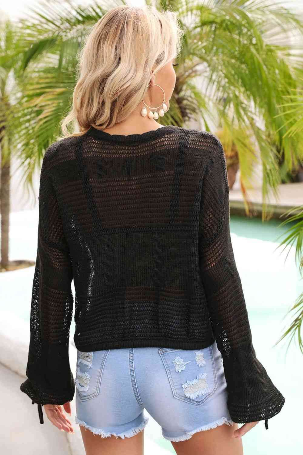 Angel Wings Drawstring Hem Round Neck Cropped Cover Up - Hovatok