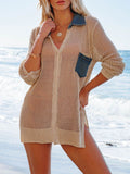 Side Slit Openwork Collared Neck Cover-Up - Hovatok