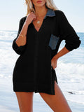 Side Slit Openwork Collared Neck Cover-Up - Hovatok
