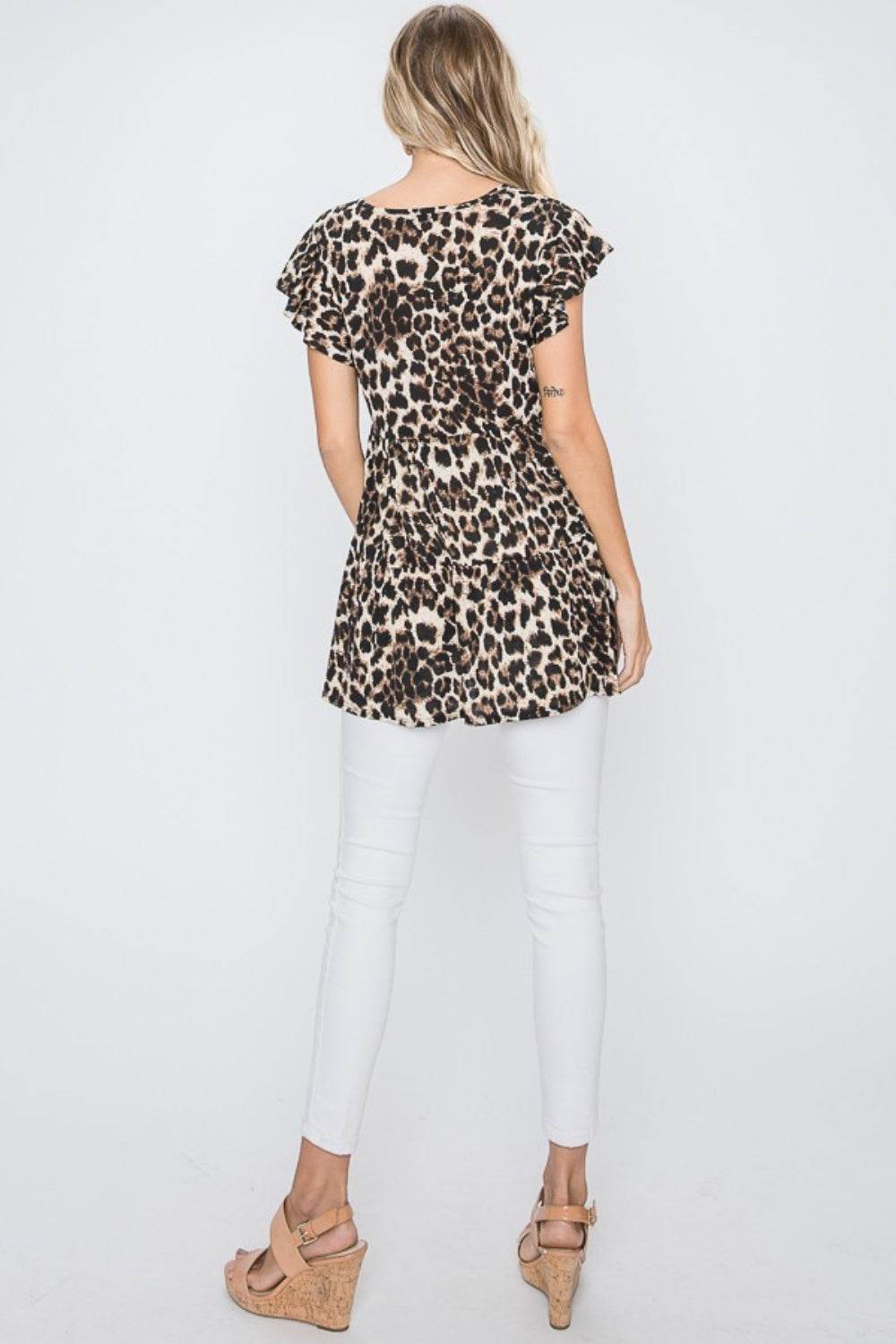 Heimish Full Size Leopard Round Neck Short Sleeve Blouse Plus Size - Hovatok