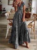 Full Size Smocked Printed V-Neck Short Sleeve Dress - Hovatok