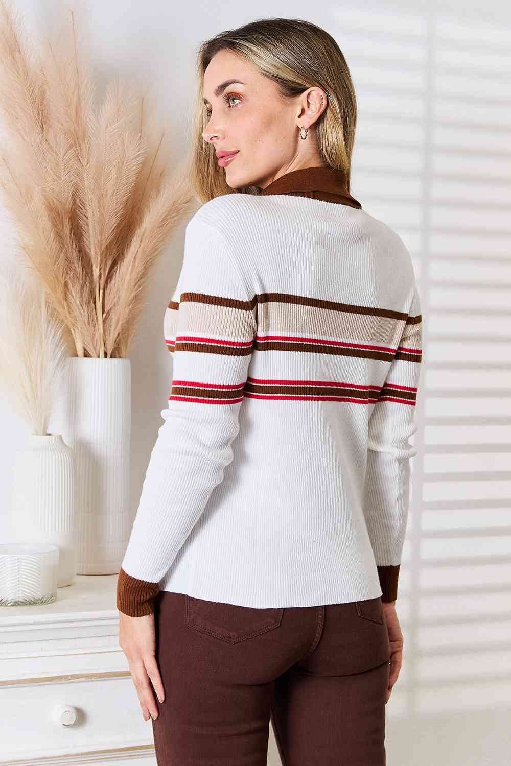 Basic Bae Striped Collared Neck Rib-Knit Top - Hovatok