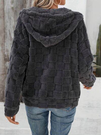 Checkered Texture Zip Up Drawstring Fuzzy Jacket - Hovatok