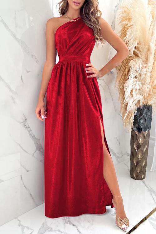 One Shoulder Slit Ruched Maxi Dress - Hovatok