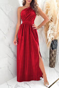 One Shoulder Slit Ruched Maxi Dress - Hovatok