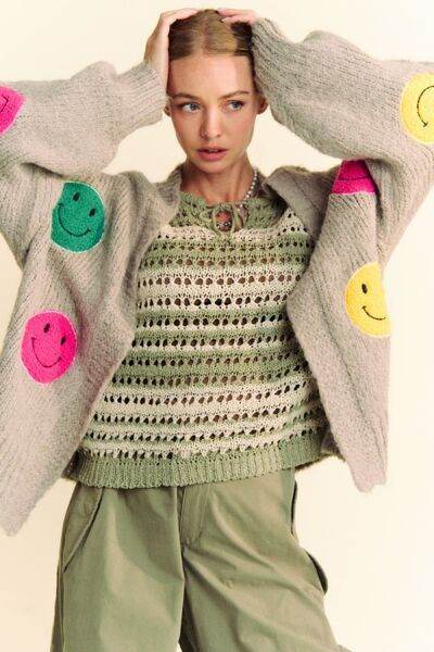 Davi & Dani Fuzzy Smile Open Front Long Sleeve Cardigan - Hovatok