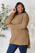 Basic Bae Full Size Ribbed Round Neck Long Sleeve Slit Top - Hovatok