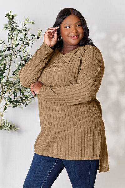 Basic Bae Full Size Ribbed Round Neck Long Sleeve Slit Top - Hovatok